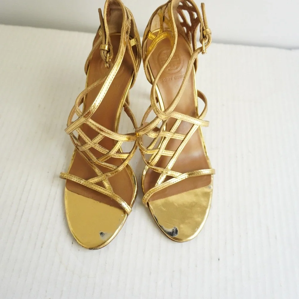 Tory Burch Amalie Metallic Cage Sandal Gold Strappy Sandals Party Shoes Prom 8.5
